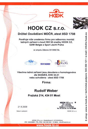 Certifikát - Hook tažná zařízení
